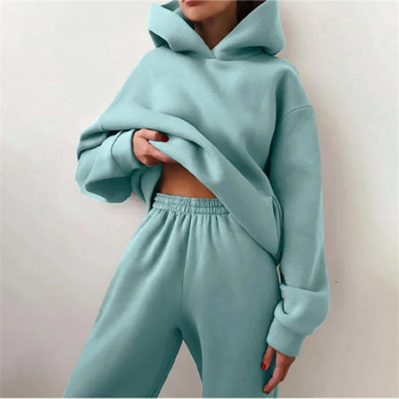 Damski dres jesienny, modna ciepła bluza z kapturem, dwuczęściowy komplet typu oversize, gładki, casualowy, z długimi spodniami