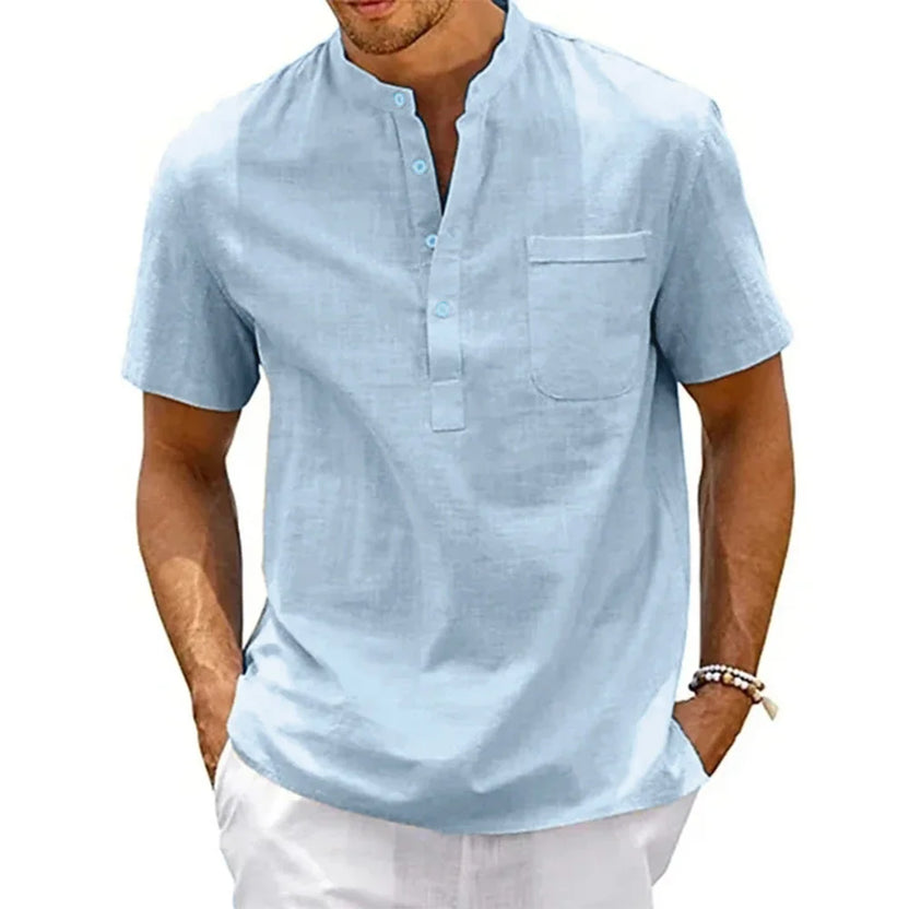 Cotton Linen Shirt Men Henley Neck Pocket Casual Beach Short Sleeve Solid Color Male Tops T-Shirts Vintage Streetwear