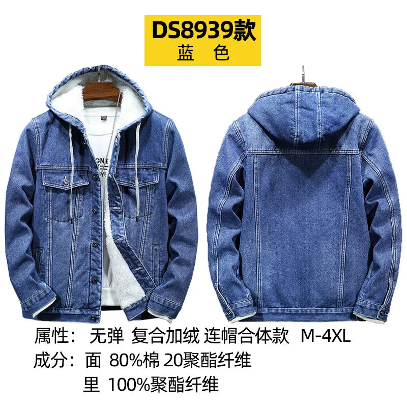 Thicker Winter Jacket Men Warmer Hooded Denim Lambswool Hooded and Padded Denim Jacket Imitation Lamb Wool Fleece Mens Clothes