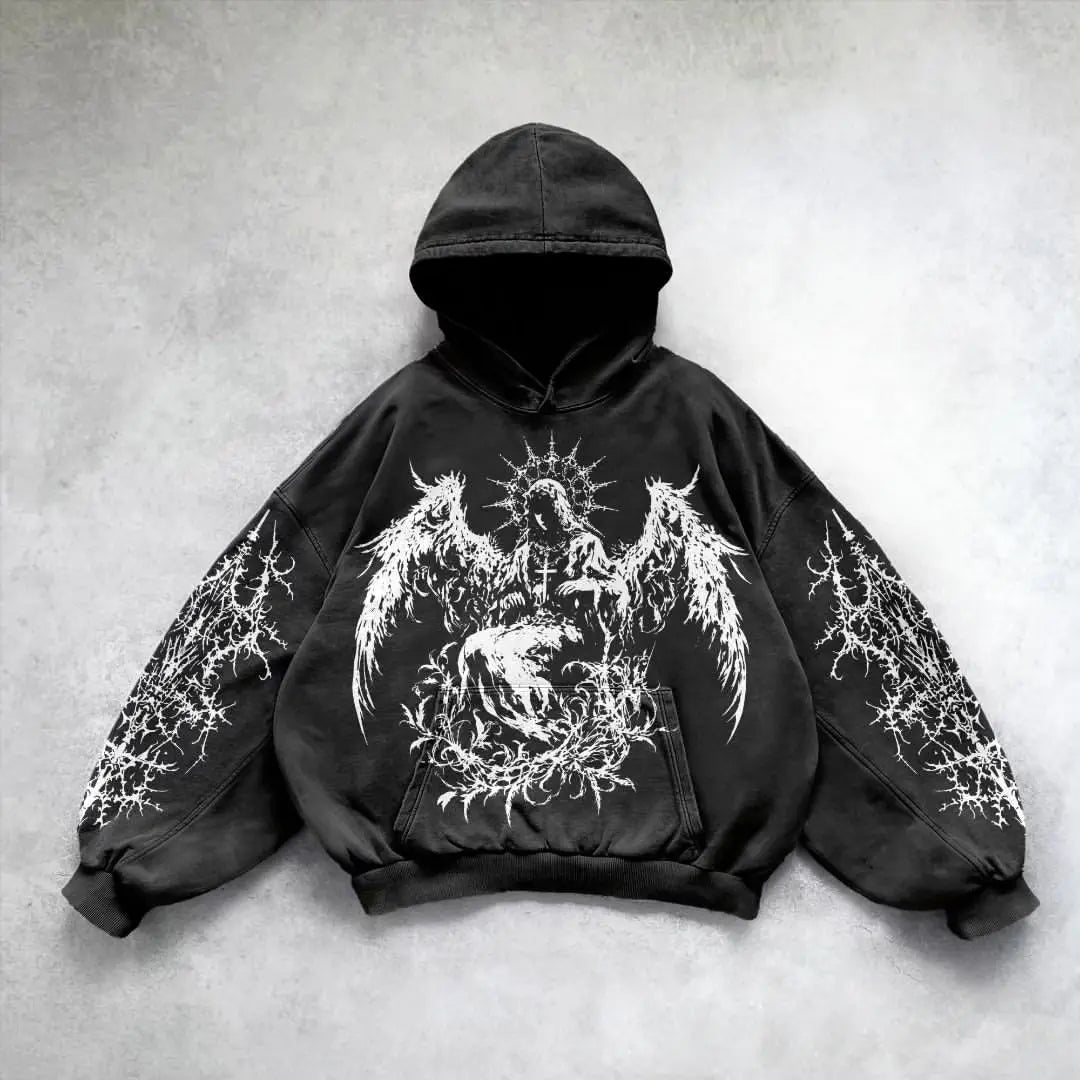 Harajuku Y2K Vintage Punk enfärgad mönstrad hoodie för män, amerikansk gotisk mode-hoodie för par, avslappnad tröja