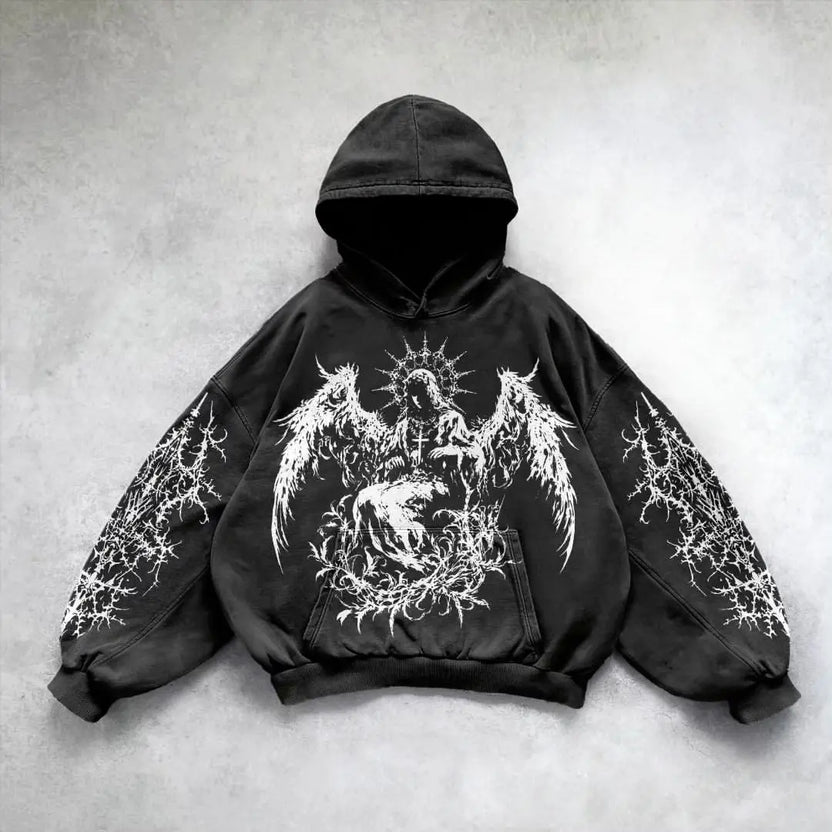 Harajuku Y2K Vintage Punk Solid Color Printed Men Casual Hoodie American Gothic Fashion Couple Casual Hoodie Sweatshirt