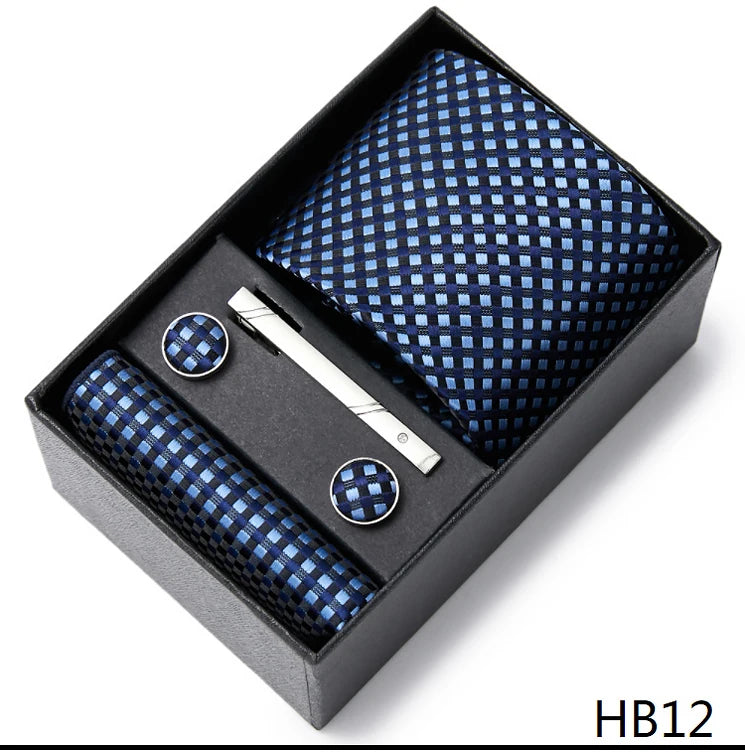2023 Mode 7,5 cm breite Krawatten-Sets, schwarze Herren-Krawatte, Einstecktuch, Manschettenknöpfe, Krawattenklammer, Box, Hochzeitsgeschenk, handgefertigte Krawatte, Arbeitskleidung