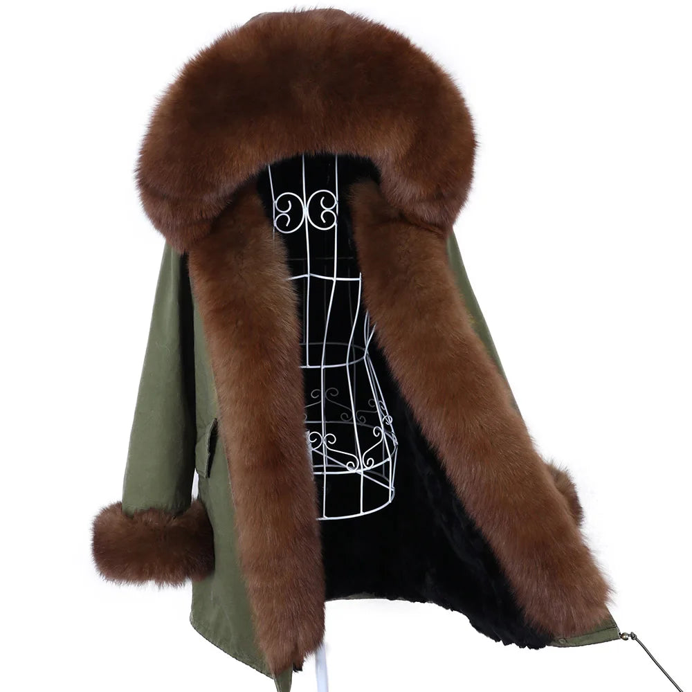 MAOMAOKONG 2026 Removable Real Fox Fur Collar Coats Woman Winter Jacket Hooded Rabbit Fur Lining Long Parkas Female Clothes