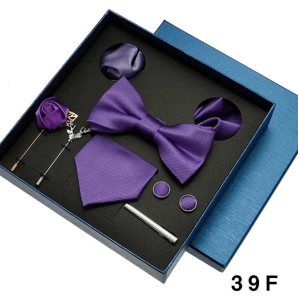 Men Tie Silk Necktie Man Bowtie Hanky Brooches Cufflinks and Tie Clip for Men Accessories Red Burgundy Wedding Tie Gifts Set