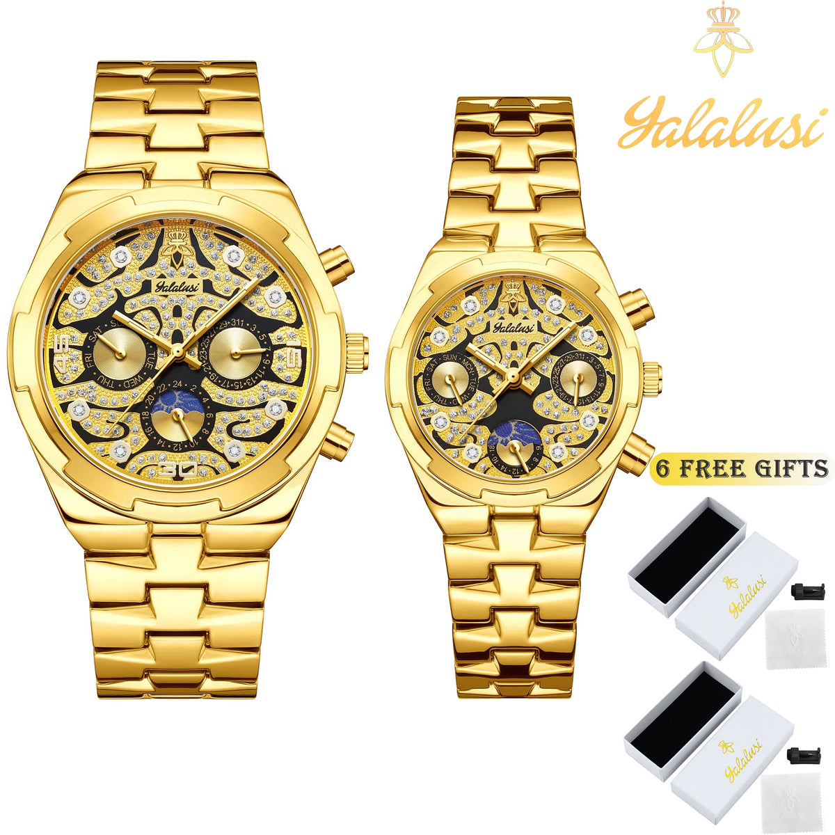 Relojes de pareja de cuarzo impermeables unisex YaLaLuSi con correa de aleación chapada en oro