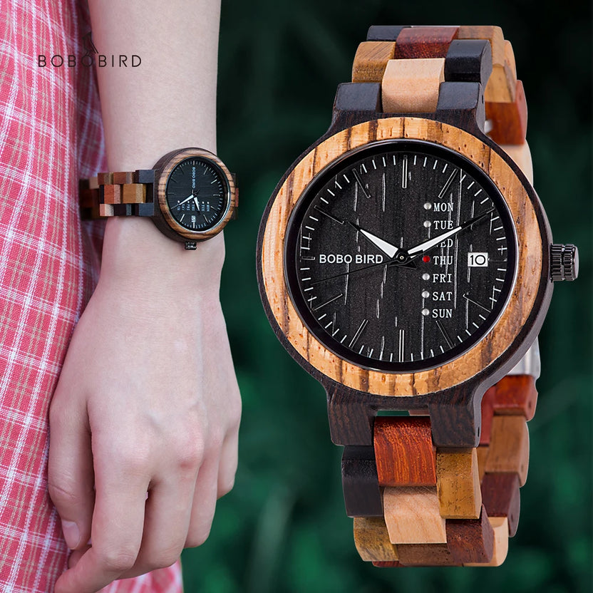BOBO BIRD Drewniany zegarek męski damski kwarcowy z datownikiem i dniem tygodnia zegarek dla par kolorowy drewniany pasek logo personalizacja prezent hurt dropshipping