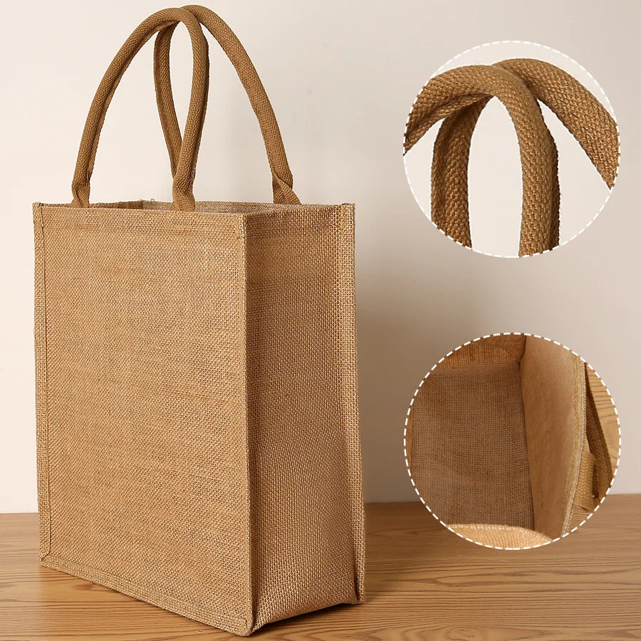 Women's Jute Tote Bag Large Capacity Shopping Bag Travel Storage Bag Open Mouth Men's Handbag