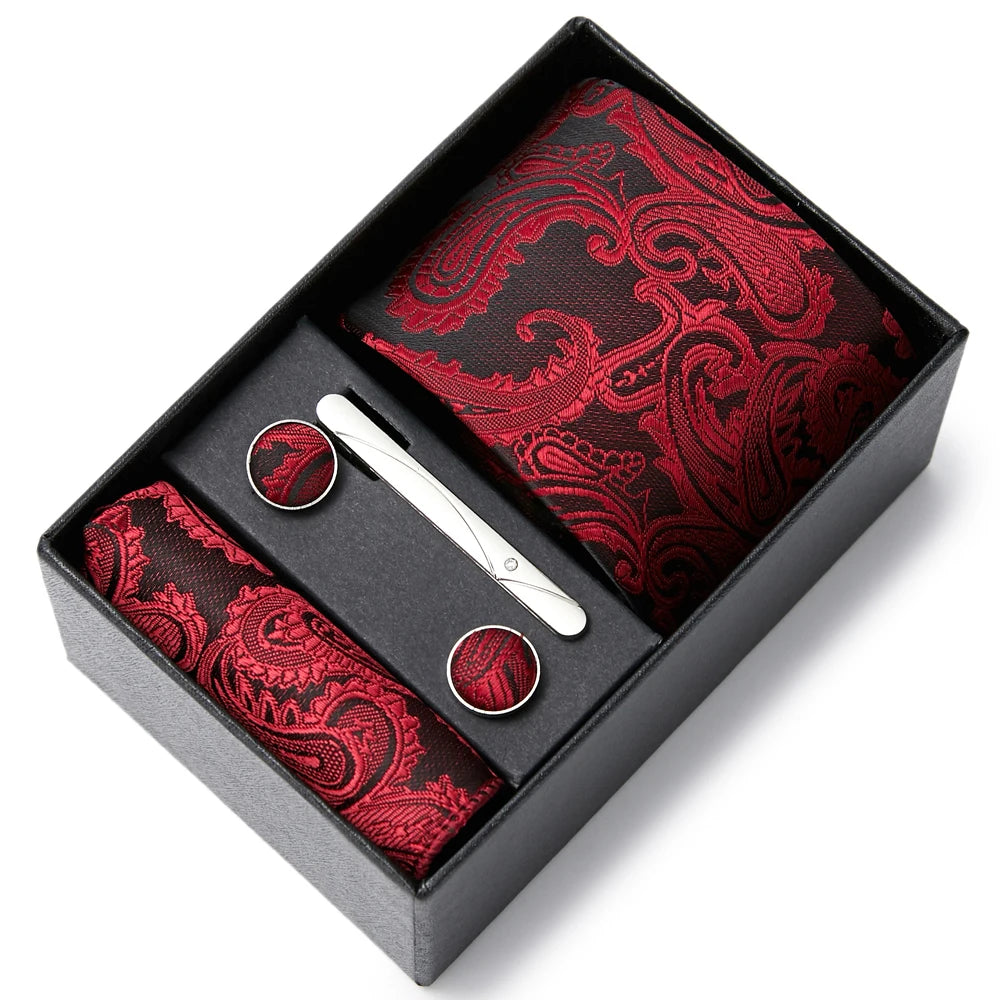 2023 Mode 7,5 cm breite Krawatten-Sets, schwarze Herren-Krawatte, Einstecktuch, Manschettenknöpfe, Krawattenklammer, Box, Hochzeitsgeschenk, handgefertigte Krawatte, Arbeitskleidung