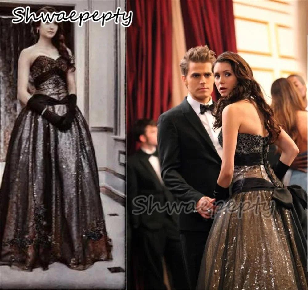 Vintage-Abendkleid in A-Linie mit goldenen Pailletten, trägerlos, mit schwarzem Tüll