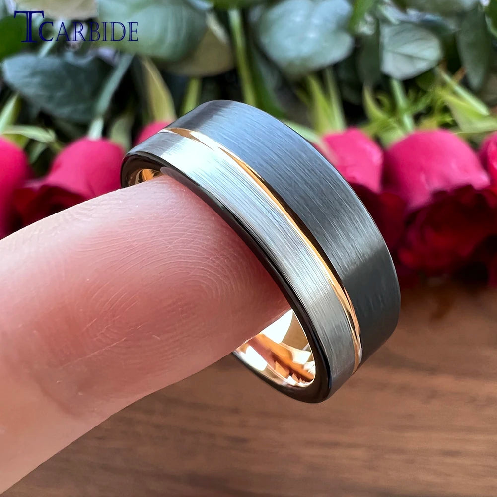 TCarbide 8mm, obrączka ślubna z wolframu, szczotkowana, z rowkiem i przesunięciem, biżuteria modowa dla kobiet i mężczyzn, doskonała jakość, pełna rozmiarówka w magazynie