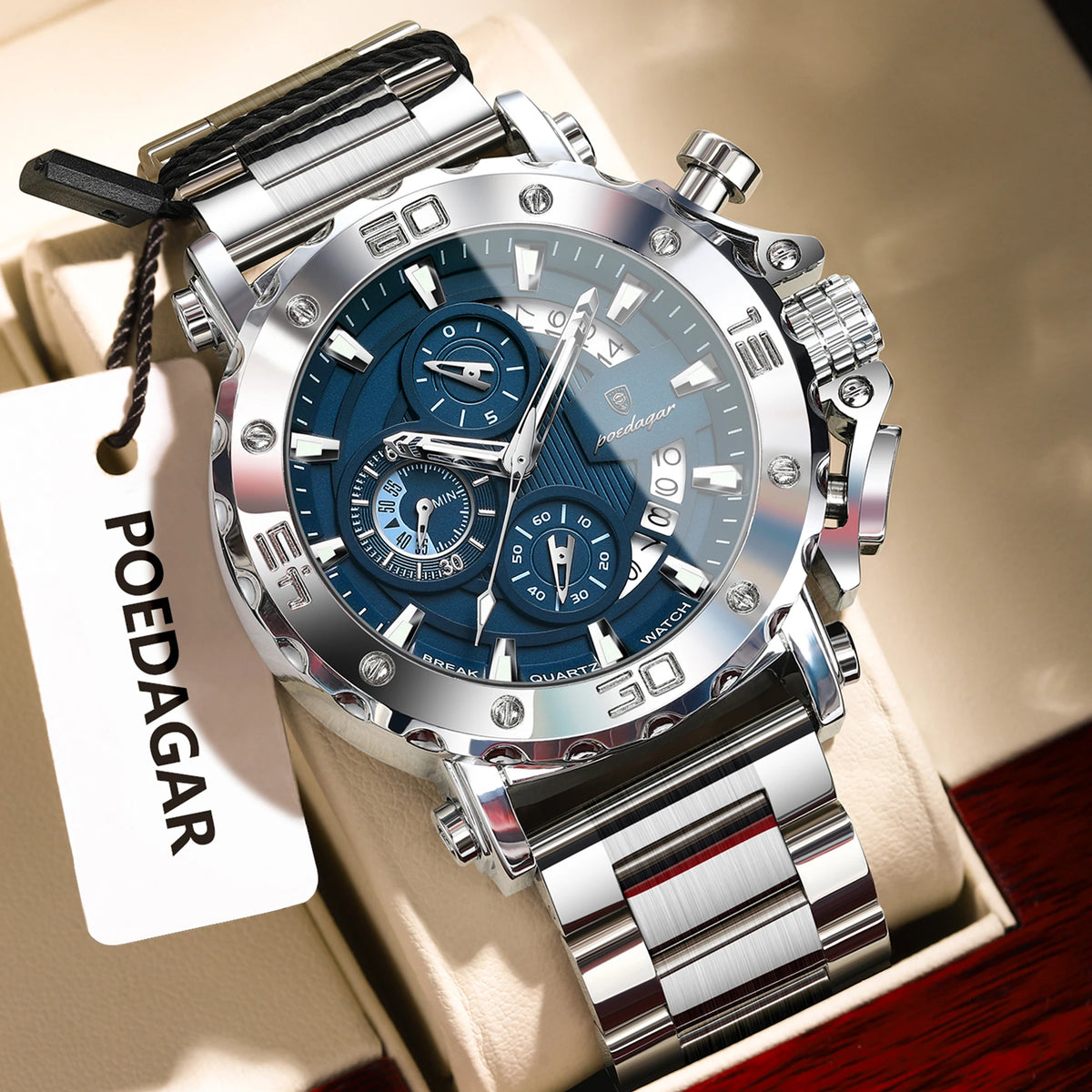 POEDAGAR Top Business Men's Wristwatch Luminous Waterproof Man Clock Chronograph Calendar Stainless Steel Quartz Watches for Men