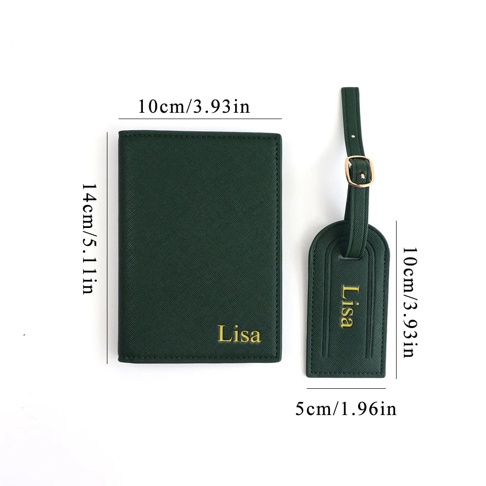 Set de nombre personalizado, porta pasaporte y etiqueta de equipaje de piel sintética Saffiano unisex en caja de regalo