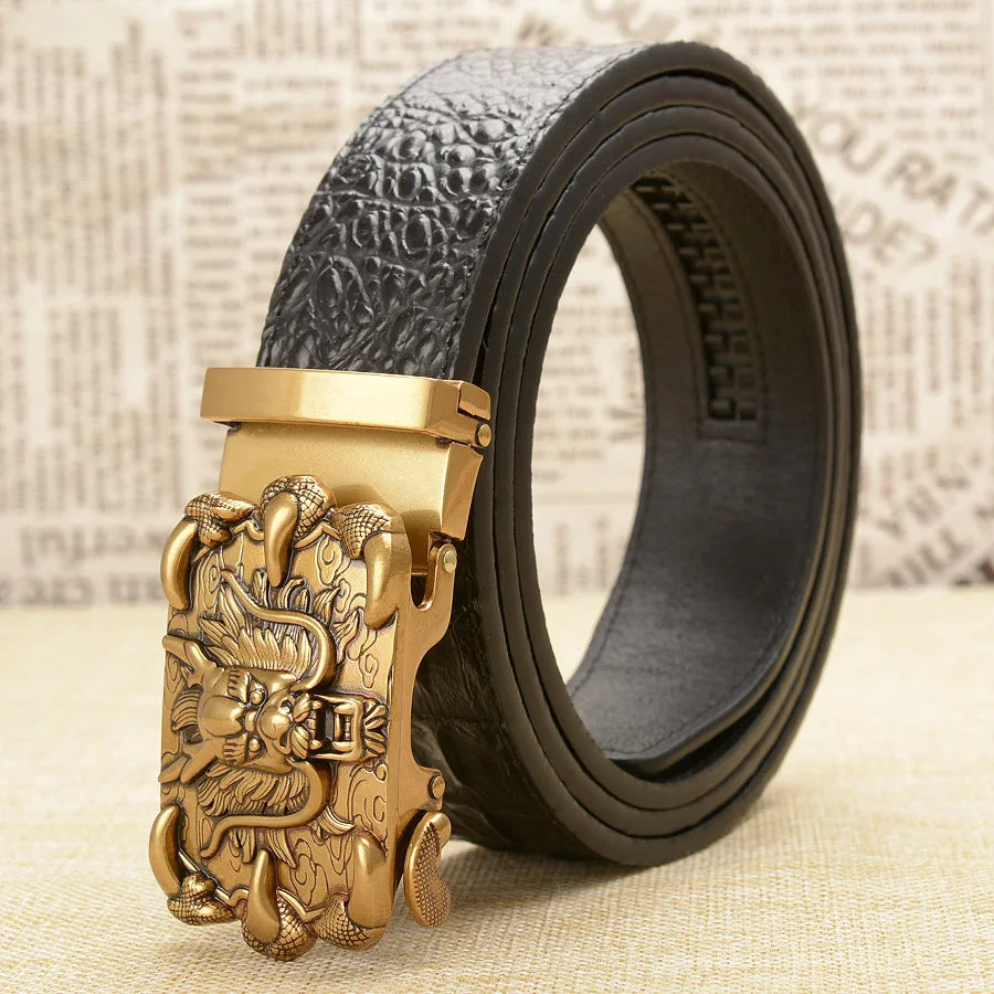Cinturón de piel auténtica para hombre, accesorio de moda, correa para pantalón de vestir, hebilla automática con diseño de dragón, piel de vacuno.