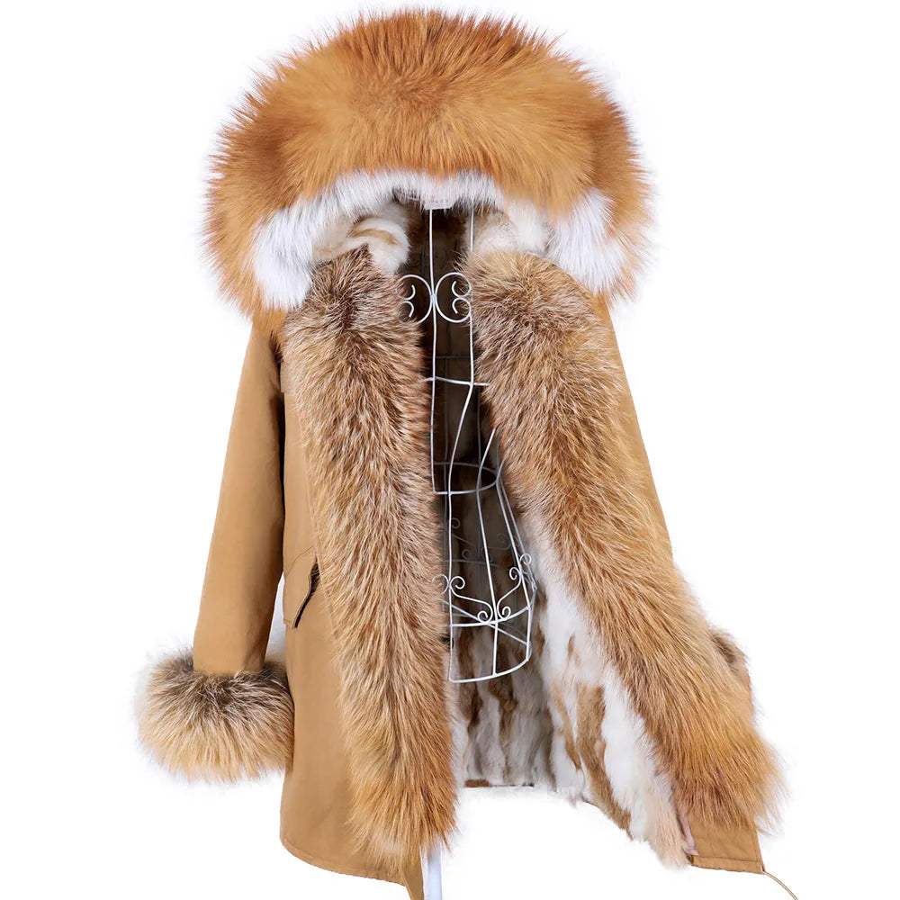 MAOMAOKONG 2026 Removable Real Fox Fur Collar Coats Woman Winter Jacket Hooded Rabbit Fur Lining Long Parkas Female Clothes