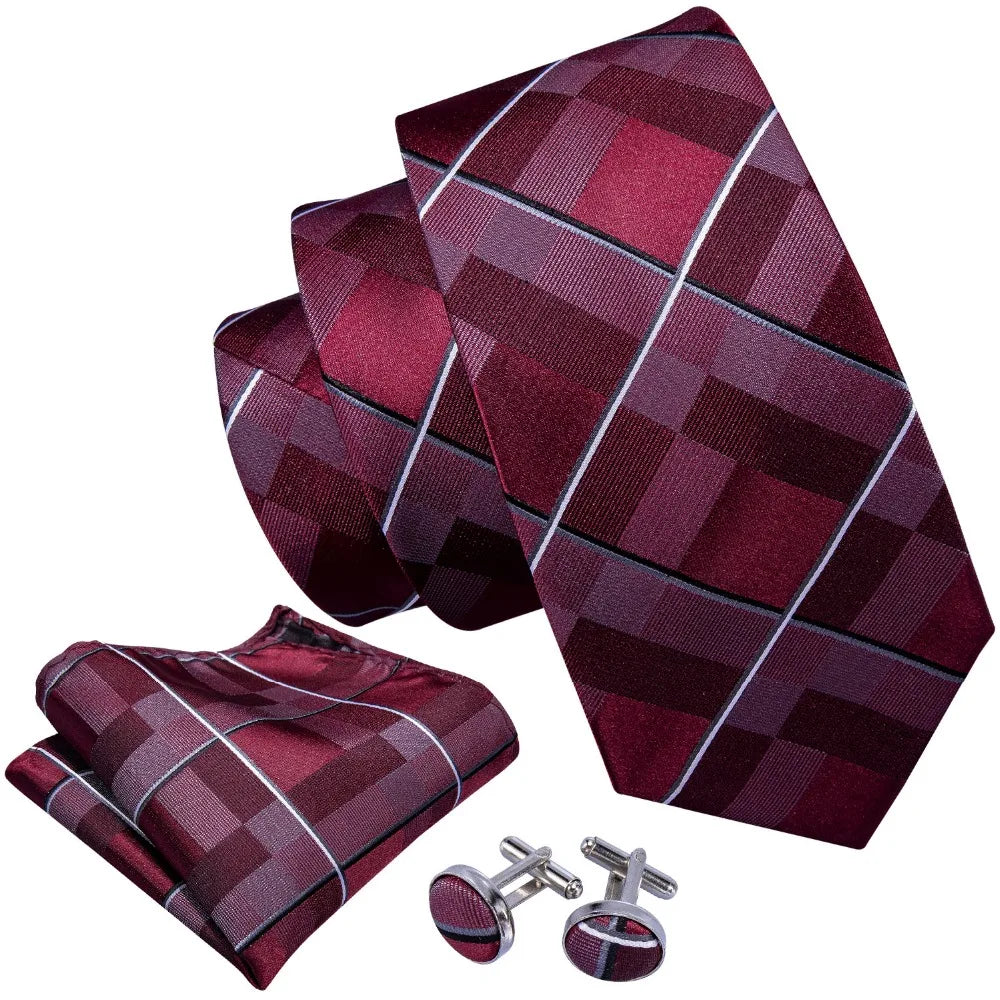 New Mens Wedding Tie Red Plaid Silk Tie Hanky Set Barry.Wang 8.5cm Fashion Designer Neck Ties for Men Party FA-5151