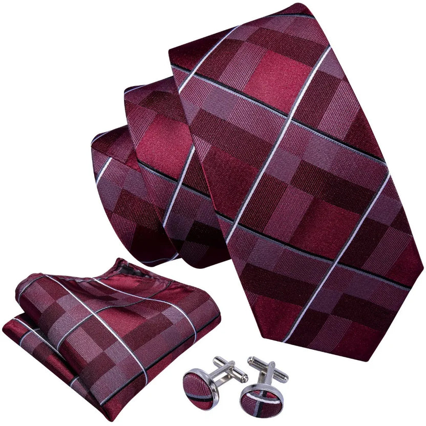 New Mens Wedding Tie Red Plaid Silk Tie Hanky Set Barry.Wang 8.5cm Fashion Designer Neck Ties for Men Party Dropshipping FA-5151