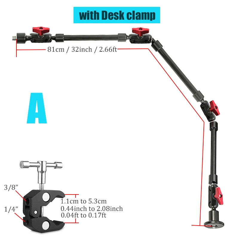 Brazo mágico de aleación de aluminio de 32" BFOLLOW con abrazadera para cámara y dispositivos móviles