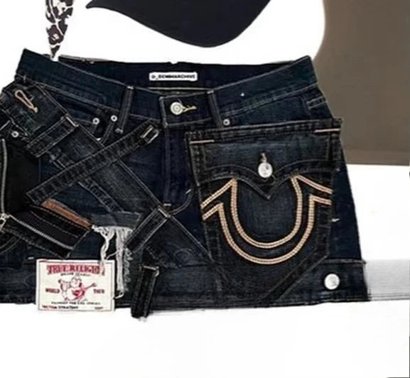 Krótka spódnica jeansowa w stylu Y2K Gothic Punk, damska, w stylu Harajuku, retro, z naszywkami, zapinana na zamek, streetwear, niska talia, vintage, minispódnica jeansowa