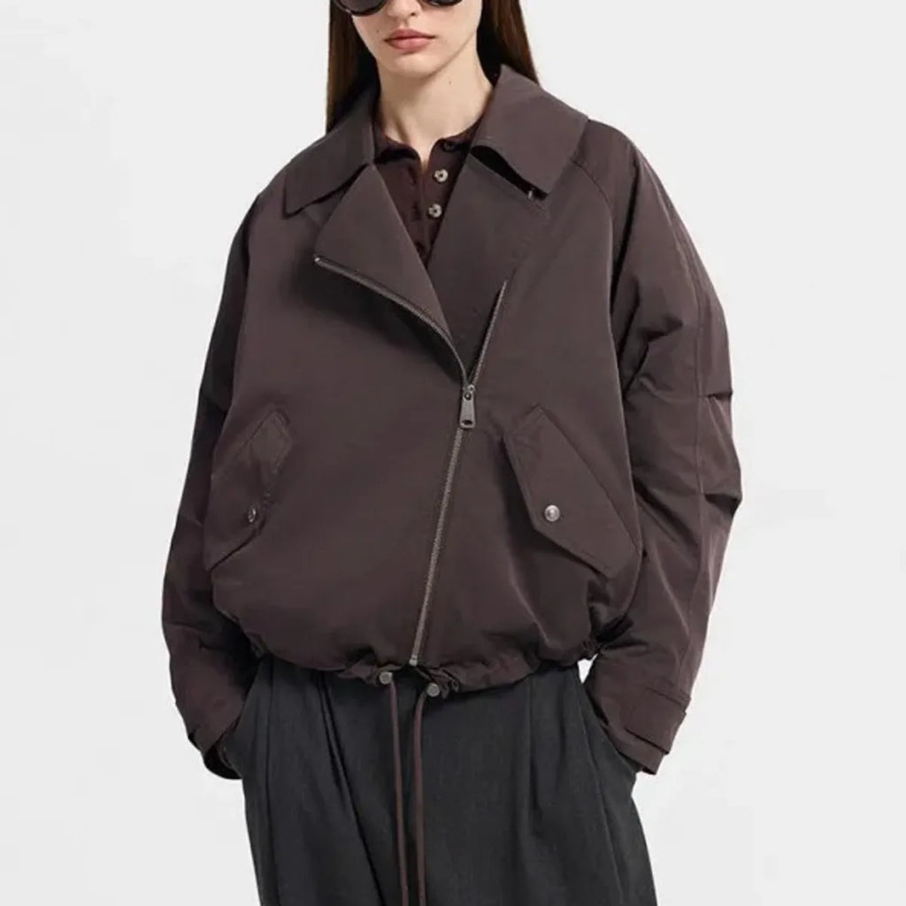 Women's Dark Brown Faux Fur Collar Cropped Biker Parka Jacket