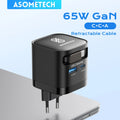 65W GaN USB Charger with Type C Retractable Cable 3 Port QC4.0 PD3.0 PPS Fast Charger for Macbook Laptop iPhone 16 15 14 Xiaomi
