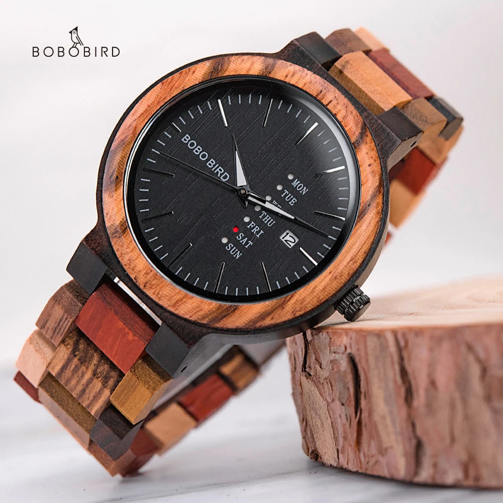 BOBO BIRD Wood Watch Men Women Quartz Week Date Couple Timepiece Colorful Wooden Band Logo Customize Gift Box