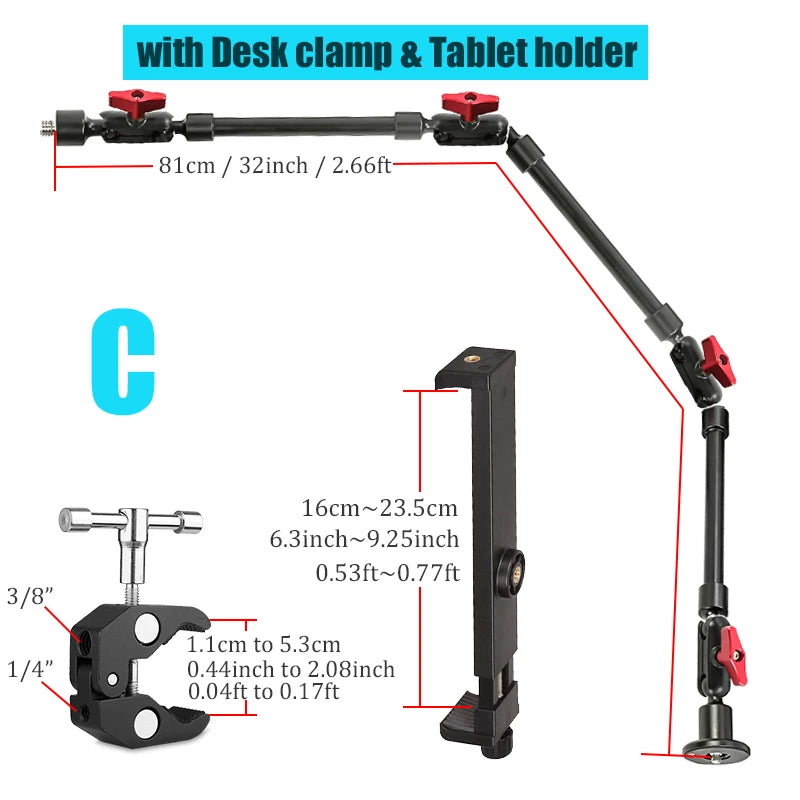 Brazo mágico de aleación de aluminio de 32" BFOLLOW con abrazadera para cámara y dispositivos móviles