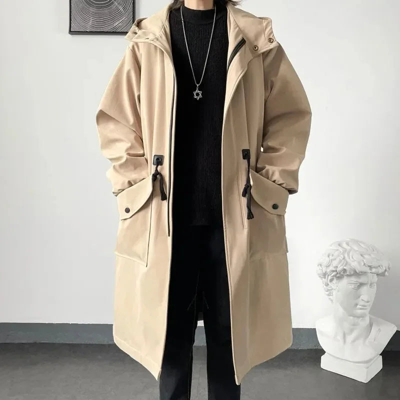 Våren och hösten 2025 armégrön vindjacka mode för män medellång ledig huvjacka herr vardaglig streetwear överrock herrkläder