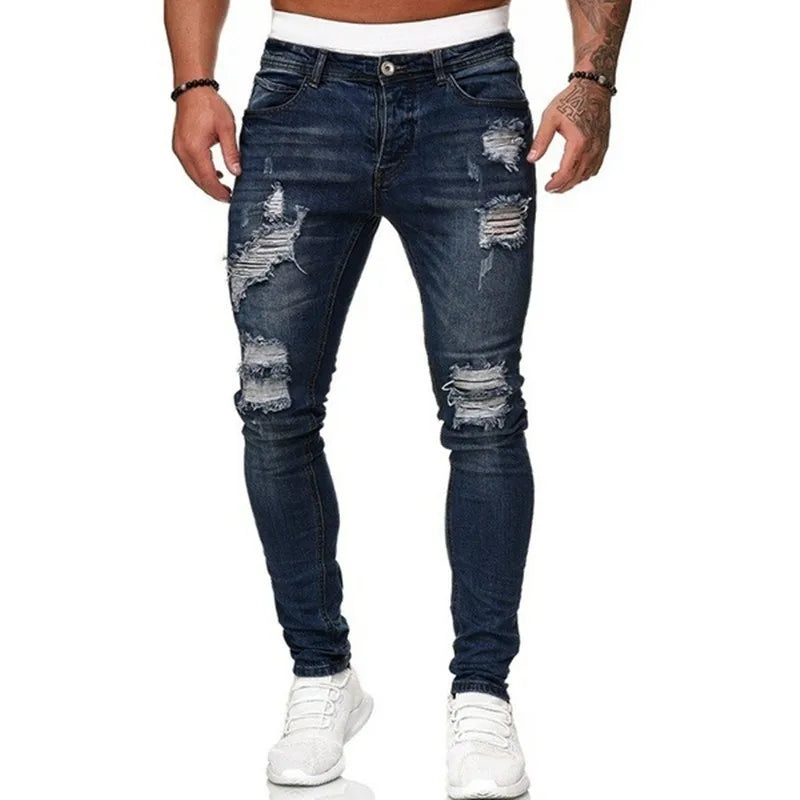 Jean skinny déchiré style urbain pour homme, pantalon en jean délavé vintage, coupe ajustée, style décontracté, vente flash