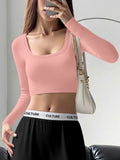 Hip Casual Ribbed Knit Crop Top, Long Sleeve Square Neck Tee for Fairs & Daily Street Wear