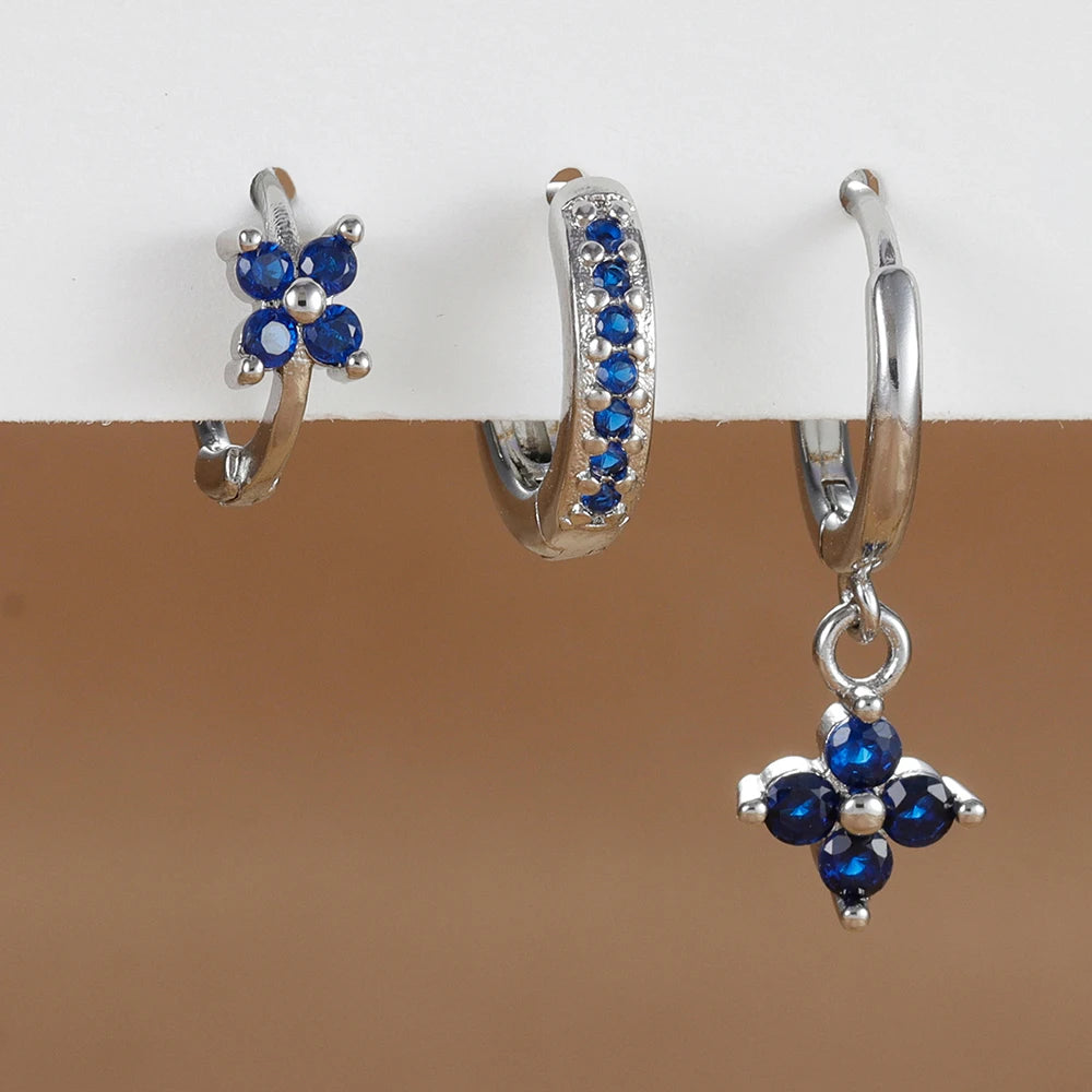 Pendientes de acero inoxidable con forma de flor y circonitas para mujer - Set de 3 piezas