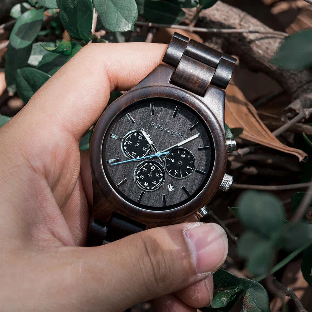Reloj de pulsera cronógrafo BOBO BIRD para hombre, de madera, cuarzo, con fecha automática, cronómetro, multifuncional, Relogio Masculino personalizado