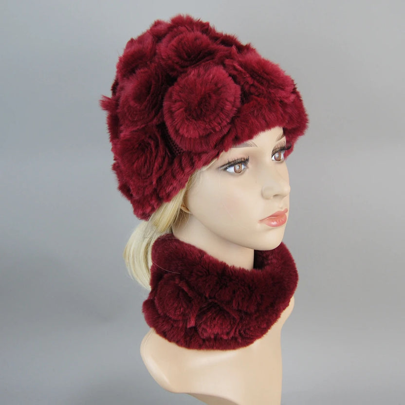 Damen Strick-Set aus echtem Rexkaninchenfell, Mütze und Schal, natürlicher warmer Rexkaninchenfell-Schal, Wintermütze für Damen, Set aus echtem Rexkaninchenfell