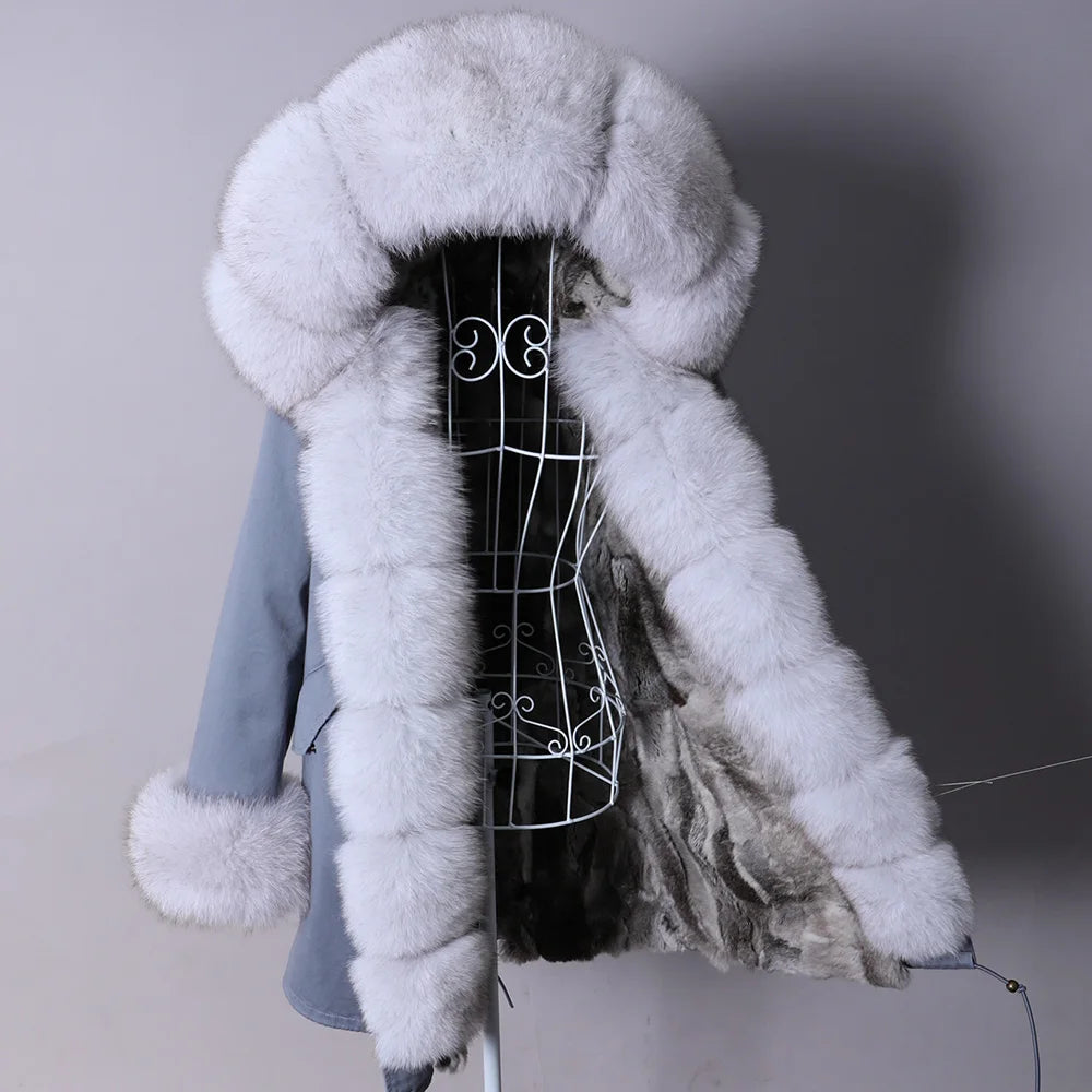 MAOMAOKONG 2026 Removable Real Fox Fur Collar Coats Woman Winter Jacket Hooded Rabbit Fur Lining Long Parkas Female Clothes