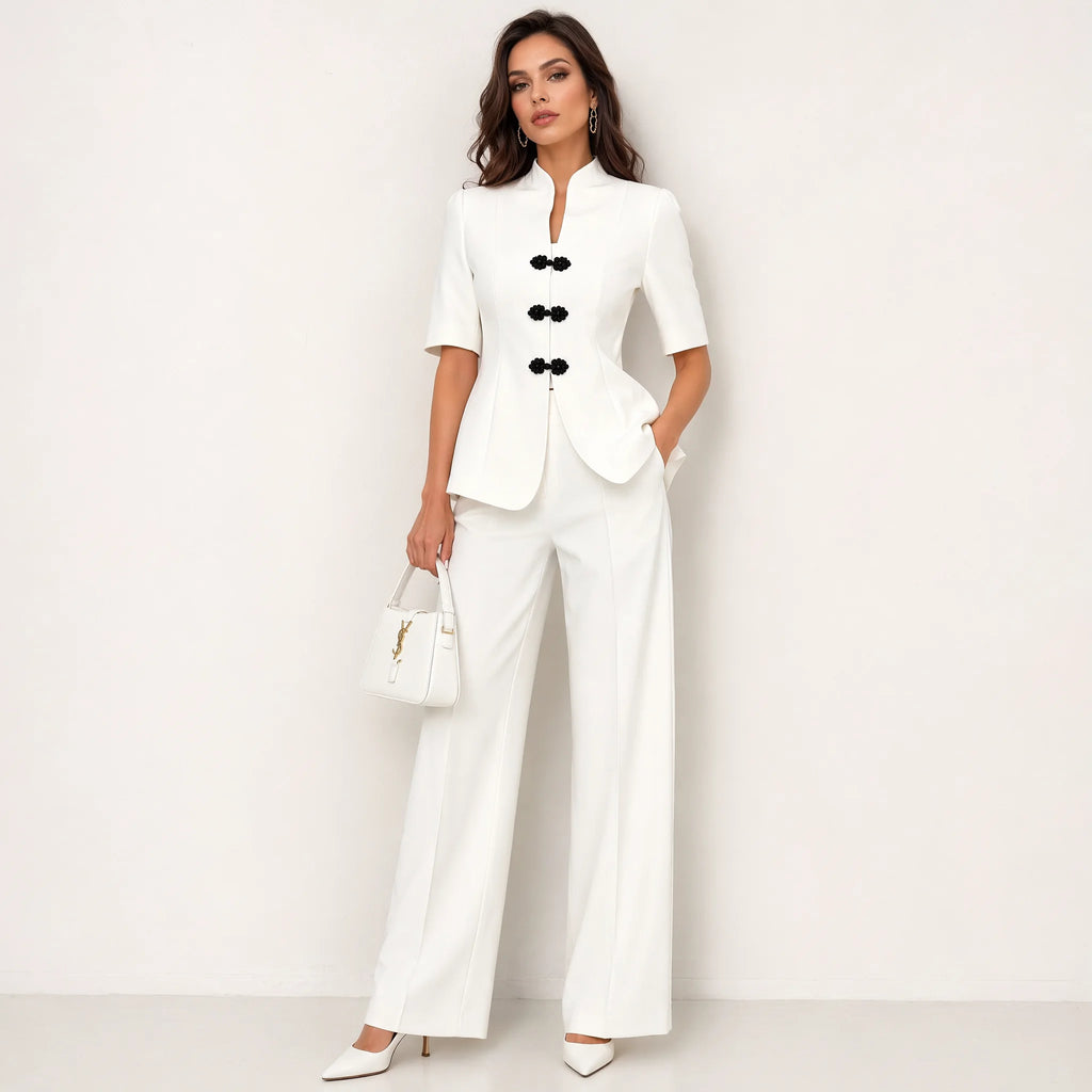 Damen-Zweiteiler: Blazer mit Stehkragen und High-Waist-Hose