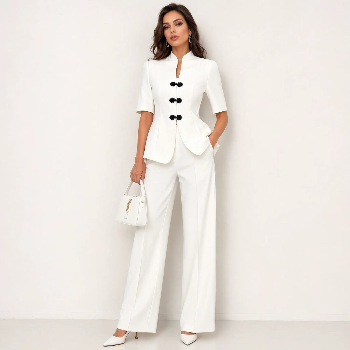 Traje de dos piezas para mujer con blazer de cuello mao y pantalones de talle alto