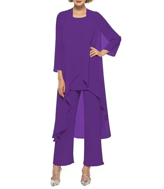 Womens 3-Pieces Set Mother of Bride Dress Party Dress Pant Suits Bussiness Elegant Formal Chiffon Plus Size for Formal Wedding