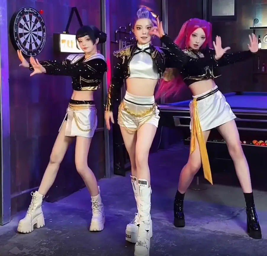 Conjunto de disfraz de K-pop para niñas: pantalón, vestido y top de poliéster