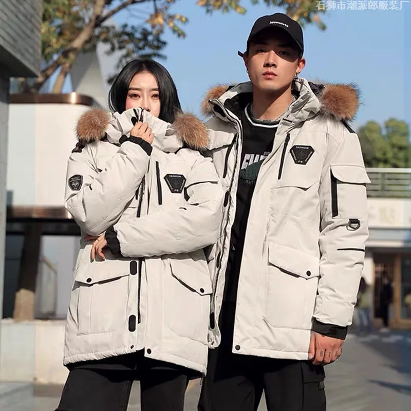 Men's Hooded Thick Cotton and Polyester Winter Jacket with Fur Collar