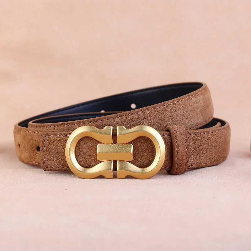 Fashion Women Belt Suede Genuine Leather Skinny Waistband Gold Buckle Wine Red Belts for Jeans Pants Casual