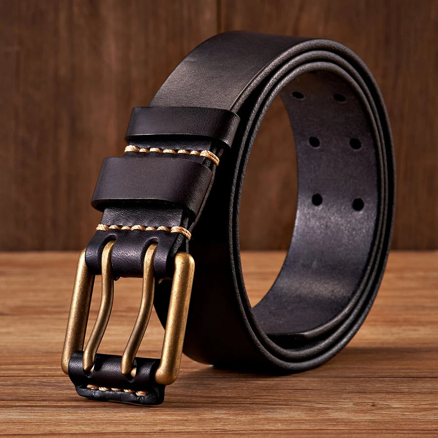 Cinturón vintage para hombre de 3.8 cm de ancho, hecho de piel de vaca genuina, con hebilla de doble aguja de cobre, cinturón artesanal para jeans, correa de moda para hombre