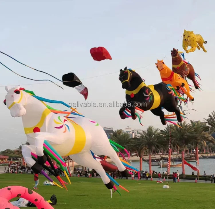 Wholesale 5m  Chinese Flying 3D Nylon Inflatable  Horse  Parafoil Soft Beach Kite for Sale