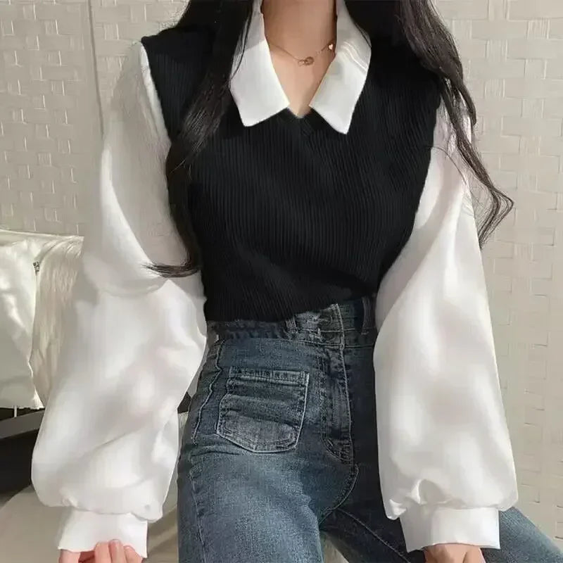 Koreańska koszulka, topy w stylu Y2K, bluzka damska z kołnierzykiem polo i imitacją dwóch warstw, wiosenna, casualowa, streetwearowa, luźny sweter, eleganckie bluzki