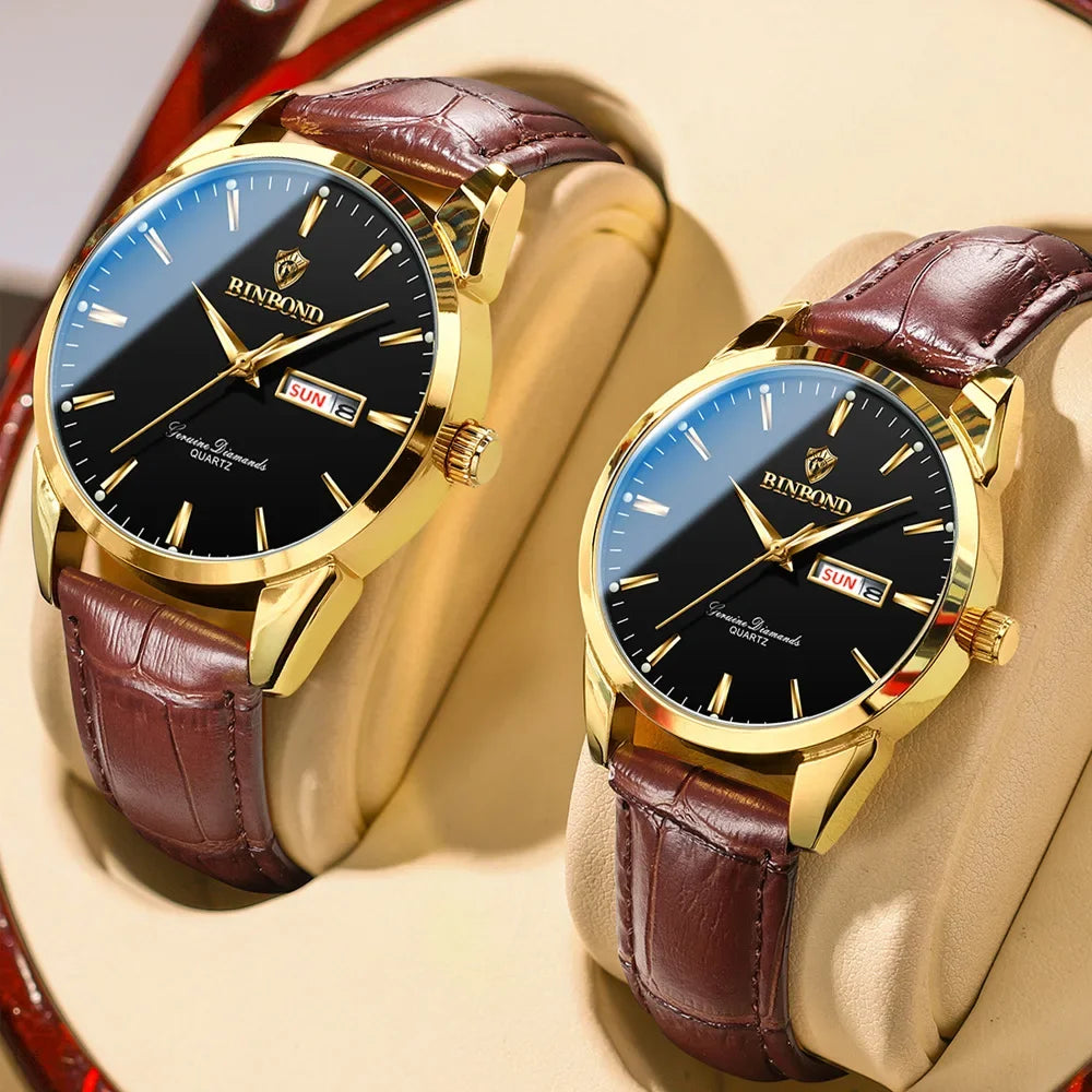 Reloj de lujo para hombre y mujer, cuarzo, correa de piel