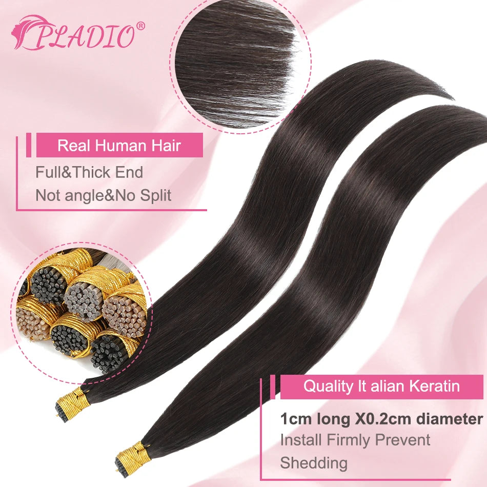 PLADIO Straight I Tip Hair Extensions Human Natural Hair Extensions Keratin Capsule Original Human Hair 12-26 Inch 50pcs 100pcs