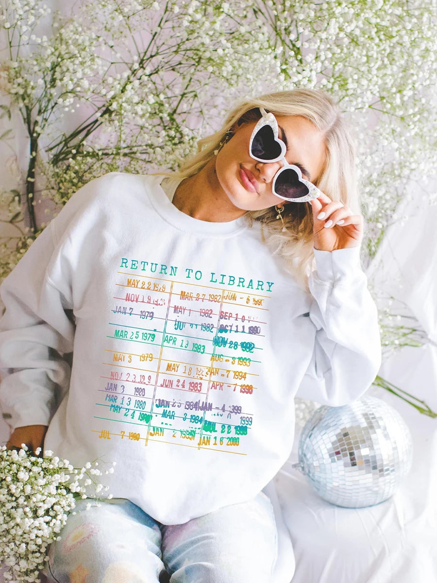 Vintage Library Rainbow Sweatshirt Return to Library Card Book Due Date Shirt Reader Gift for Librarian Trendy Apparel Top
