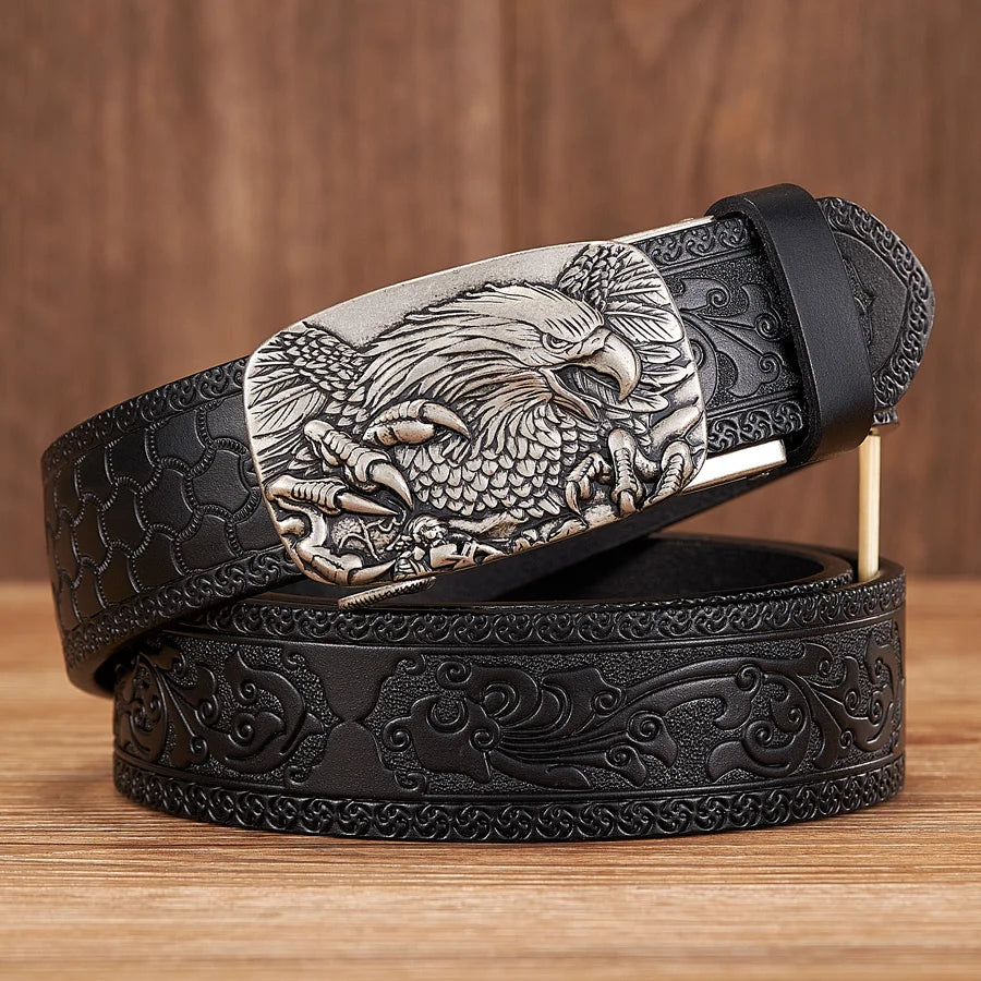 Cinturón de piel auténtica de 3,5 cm con hebilla automática de águila, cinturón de piel de vaca con relieve, correa de calidad para hombre, cinturón de negocios de cuero genuino para vaqueros