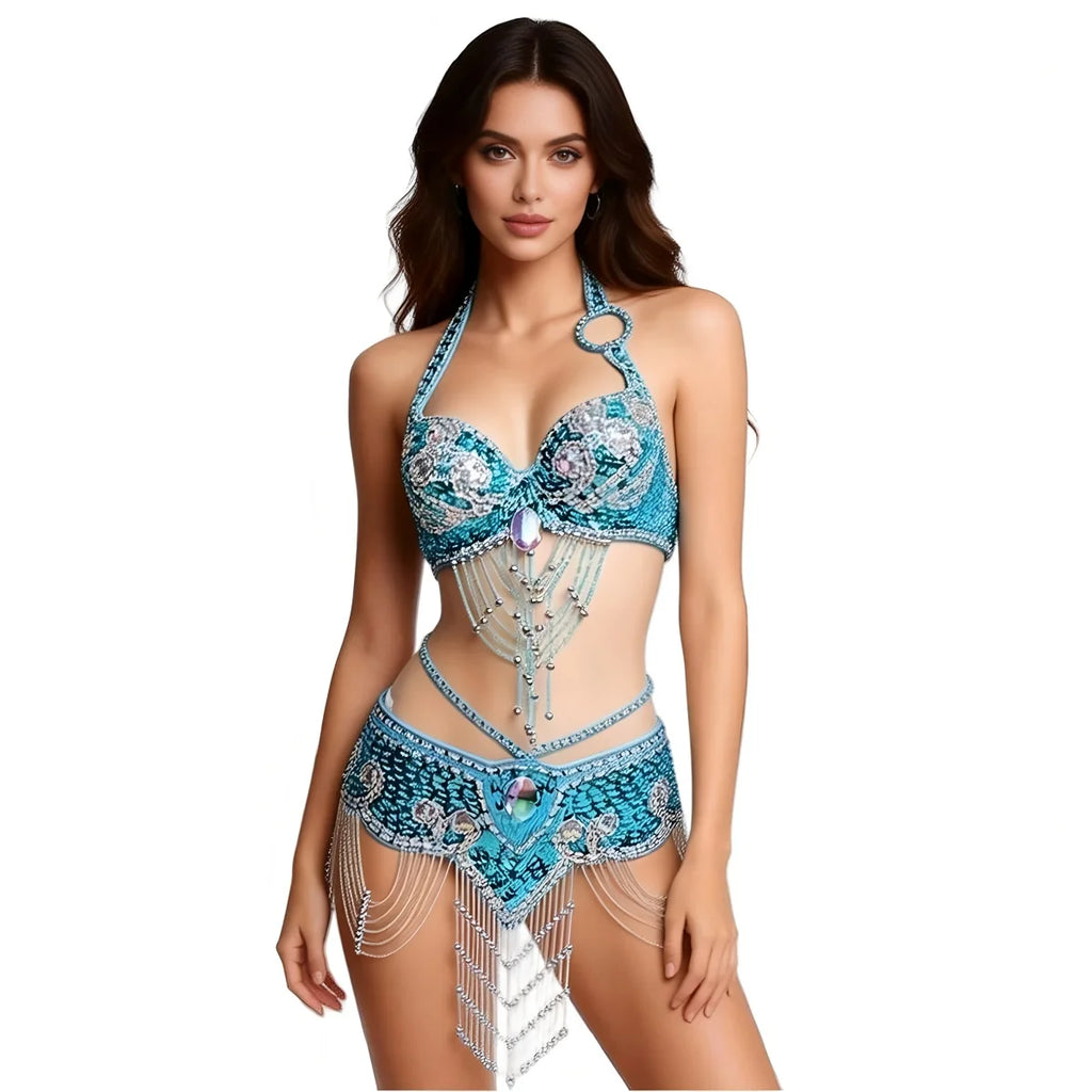 Women's Oriental Belly Dance Costume Bra and Belt Set Polyester