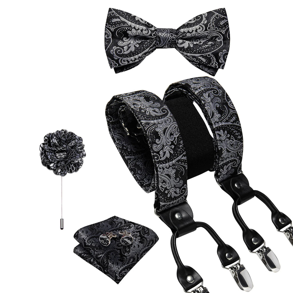 Luxury White Men's Suspenders Adjustable 6 Clips Braces DiBanGu Leather Metal Pre-Tied Bow Tie Brooch Pocket Square Set
