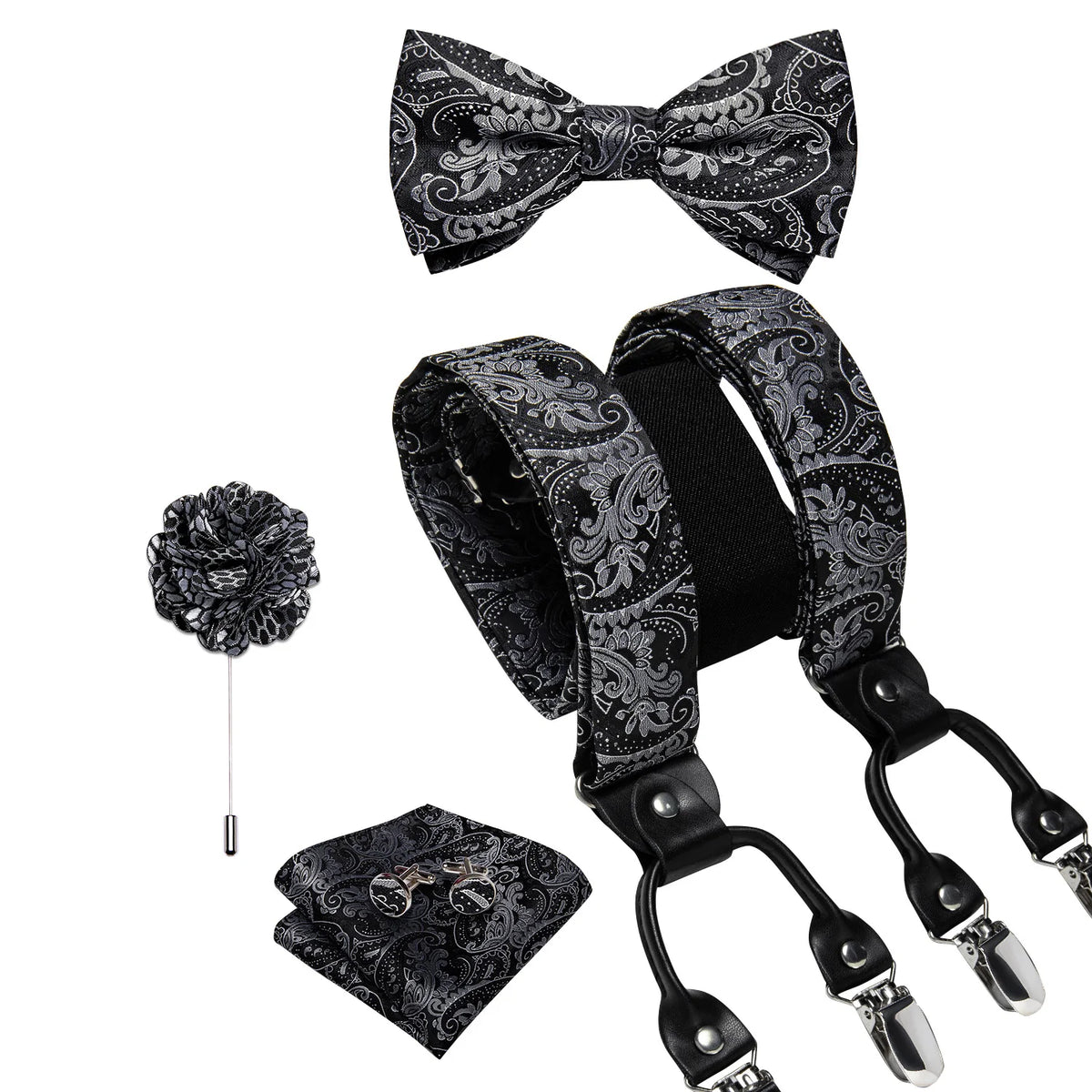 Luxury White Men's Suspenders Adjustable 6 Clips Braces DiBanGu Leather Metal Pre-Tied Bow Tie Brooch Pocket Square Set