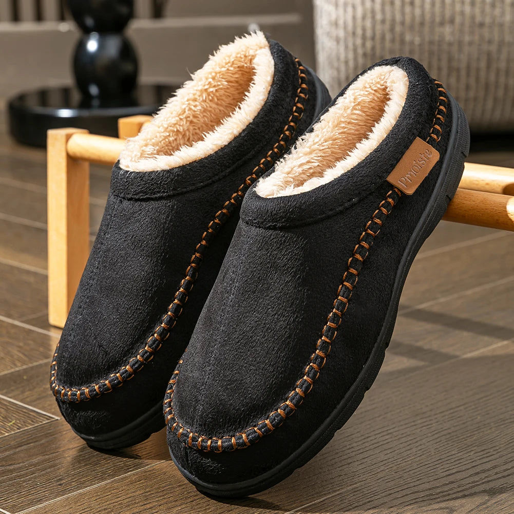 Winter Men's Suede Slippers TPR Sole Anti Slip Warm and Comfortable Memory Cotton Living Room Casual Shoes